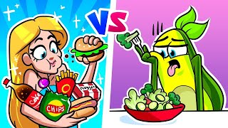 A COMIDA ESTÁ VIVA! | Quando você está de dieta | Comida saudável vs junk food | Casal Abacate