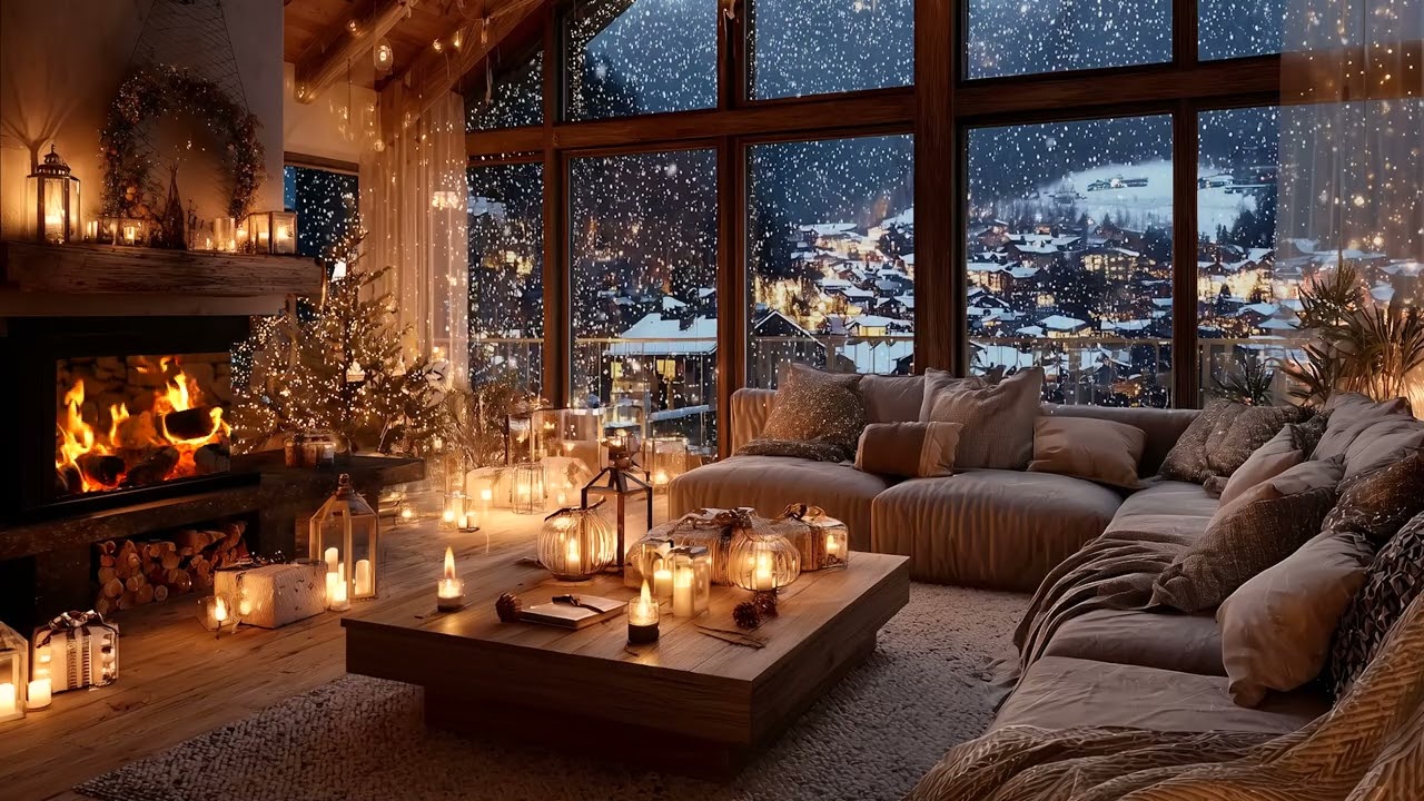 Warm Fireplace & Soft Piano Relaxing Holiday Ambience with Snowfall