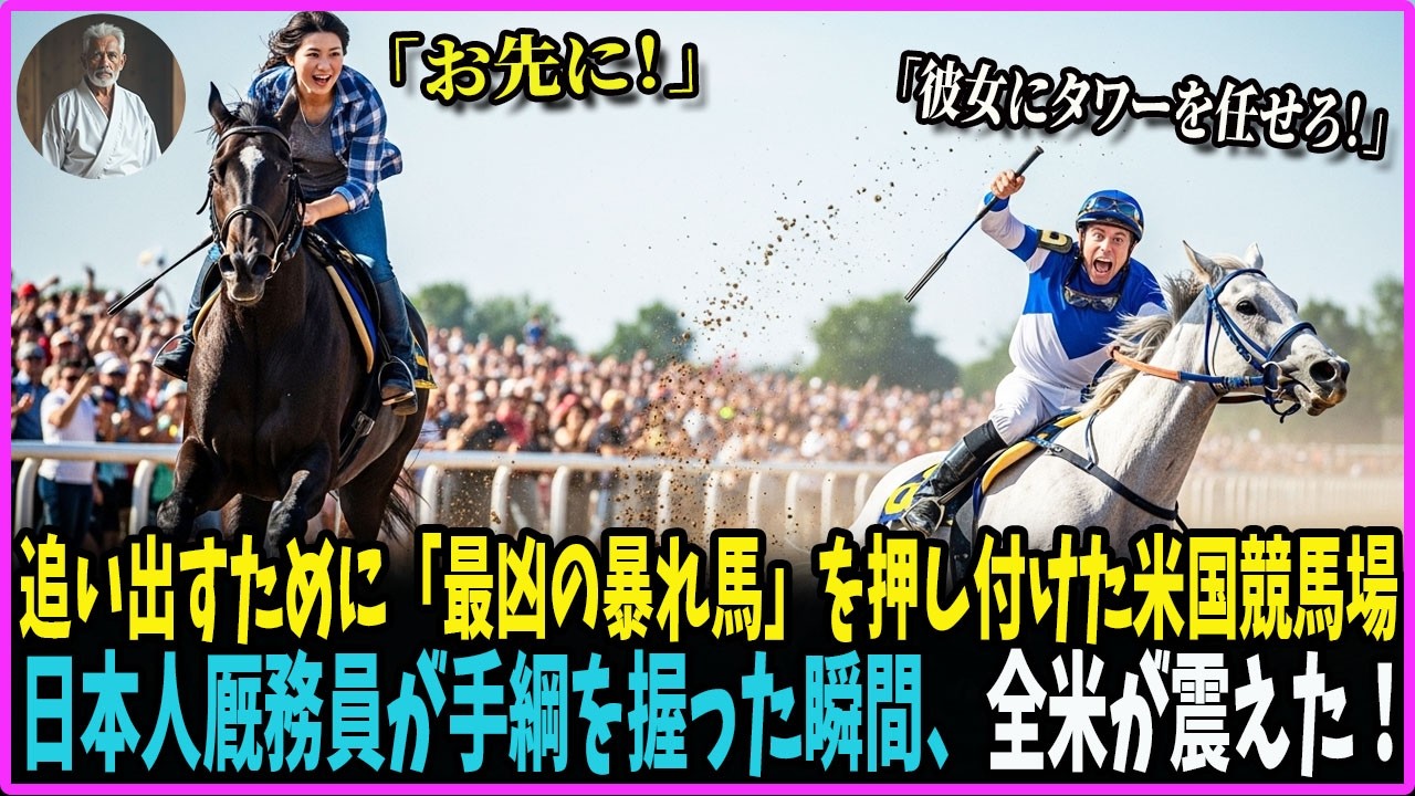 【海外の反応】アメリカの競馬場で10人のプロが逃げ出した暴れ馬。押し付けられ嘲笑された日本人の小娘が、その背中に乗って走り出すと… 観客席の顔面が蒼白に変わった！