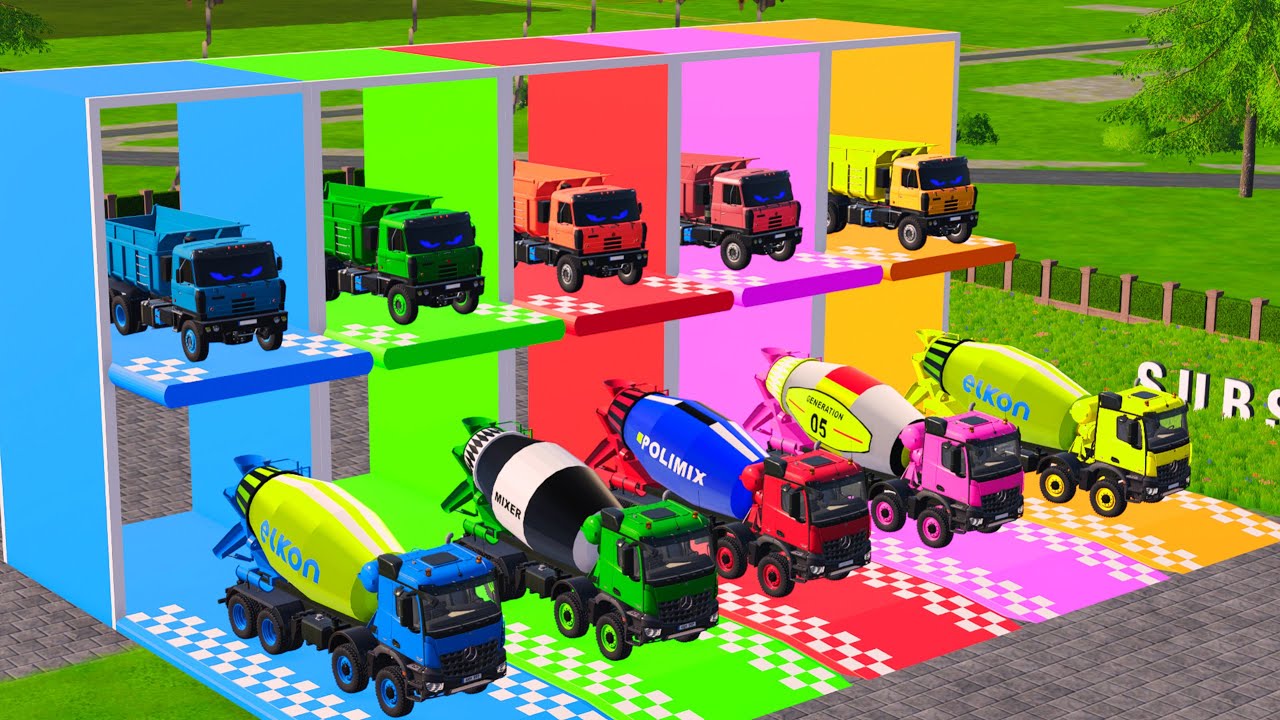 Garage with Colors - ALL MIXER TRUCK WITH DOUBLE FLATBED TRAILER TRUCK, MAN FS22