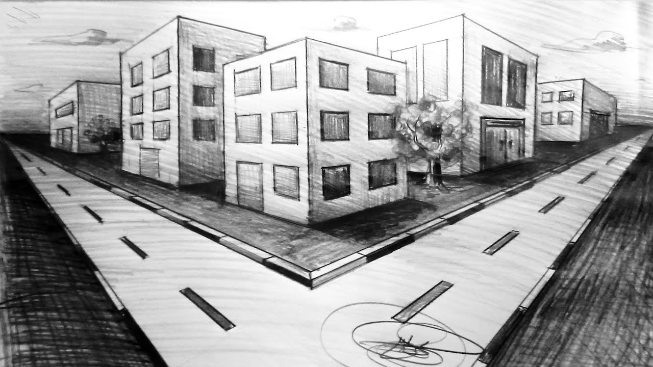 رسم شارع مدينه بالمنظور الهندسي من نقطتين هروب خطوة بخطوة