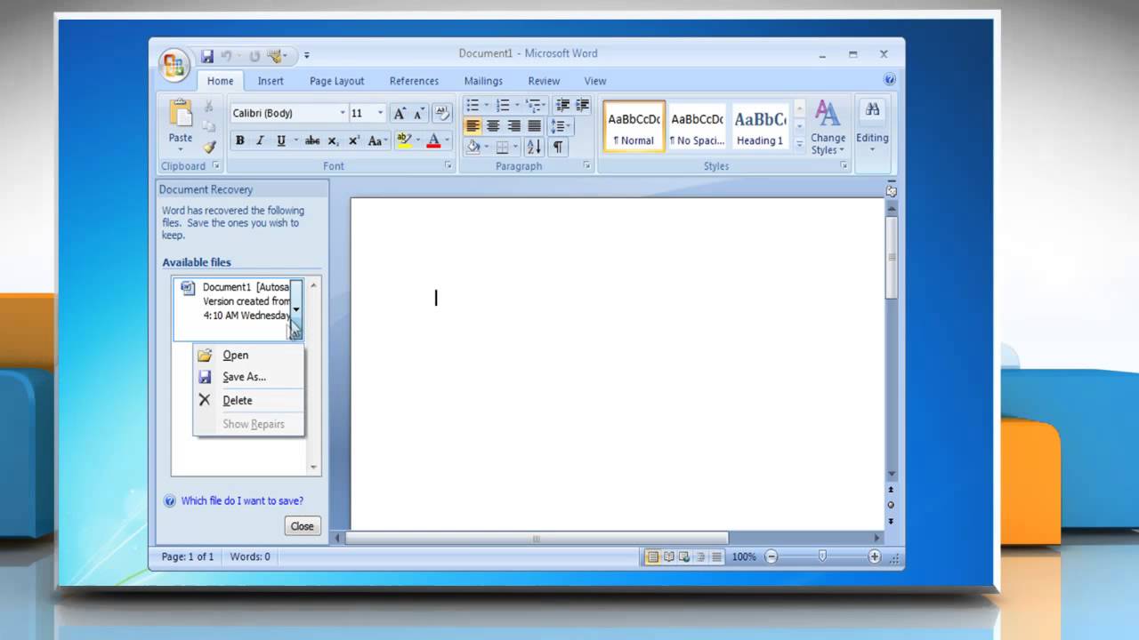 Word 2007 Recover File Saved By Autorecover Youtube