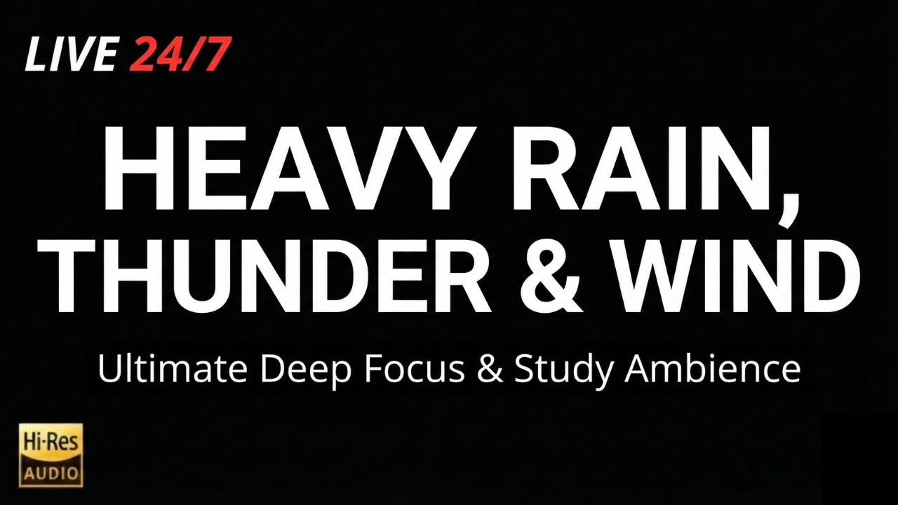 (No-Ads) Rain Sounds and Pink Noise | Distant Thunder with Wind for Deep Focus