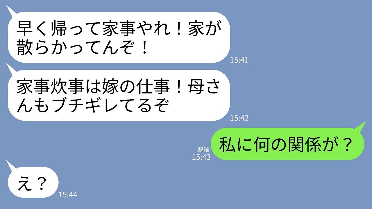 【LINE】離婚した元夫から突然怒りの連絡「早く帰って家事やれ！家が散らかってんぞ！」義母「家事炊事は嫁の仕事！サボるな！」→私「私に何の関係が？」→勘違いしているクズ親子に現実を叩きつけるとw