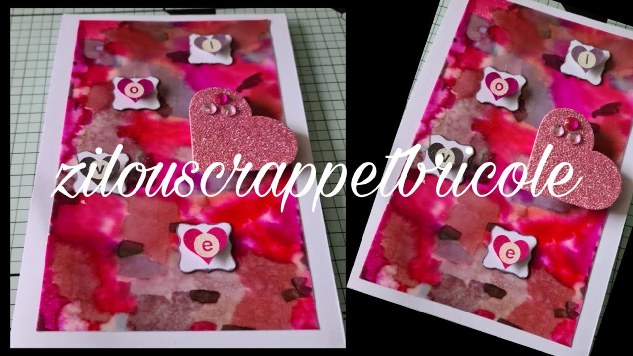 134- carte pour la st valentin cœur qui s'emballe sur technique taches d'alcool...