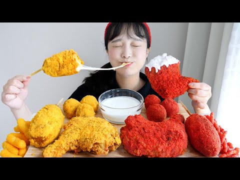 🧀 명랑핫도그, 맘스터치 치즈볼, <strong>통다리</strong> 치킨 <strong>먹방</strong> REALSOUND MUKBANG | HOT Cheetos chicken &amp;amp; hotdog :D
