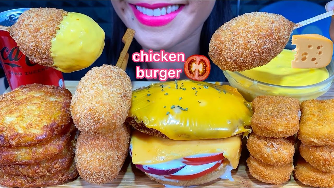 ASMR CHICKEN BURGER, CHICKEN NUGGETS, POTATO HASH BROWN, CORN DOGS MASSIVE Eating Sounds