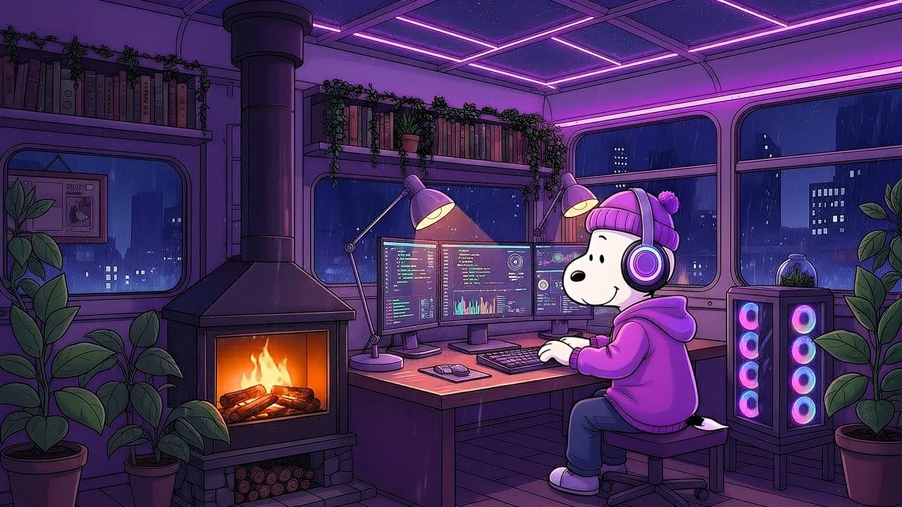 Snoopy's Warm Rainy Den 🔥 Ambient Lofi Music & Crackling Fireplace for Study, Focus & Sleep