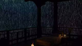 Surrounded by heavy rainfall, a dark forest cabin with a warm fireplace sets a peaceful study mood.