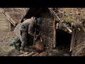 EARLY WINTER CAMPING in a Bushcraft Shelter   - Long Fire, Raised Bed, Moss Roof