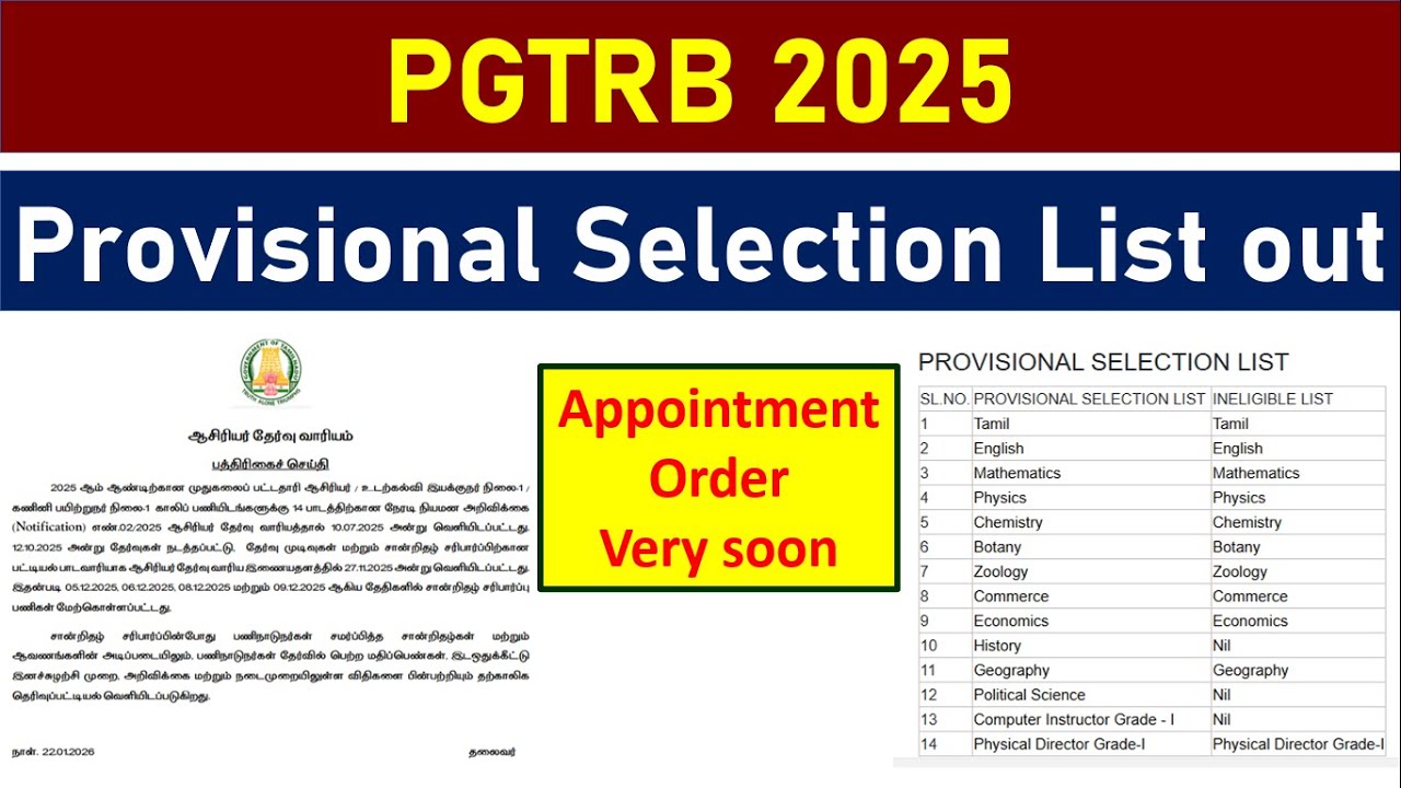 PGTRB 2025 FINAL RESULT | PROVISIONAL SELECTION LIST RELEASED | PG_Assistant Post Appointment Order