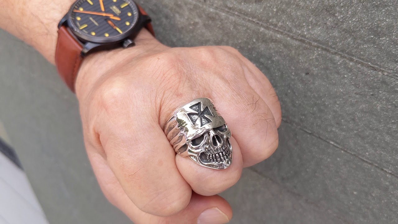 Biker Ring, Sterling Silver Cross Bandana Biker Skull Ring