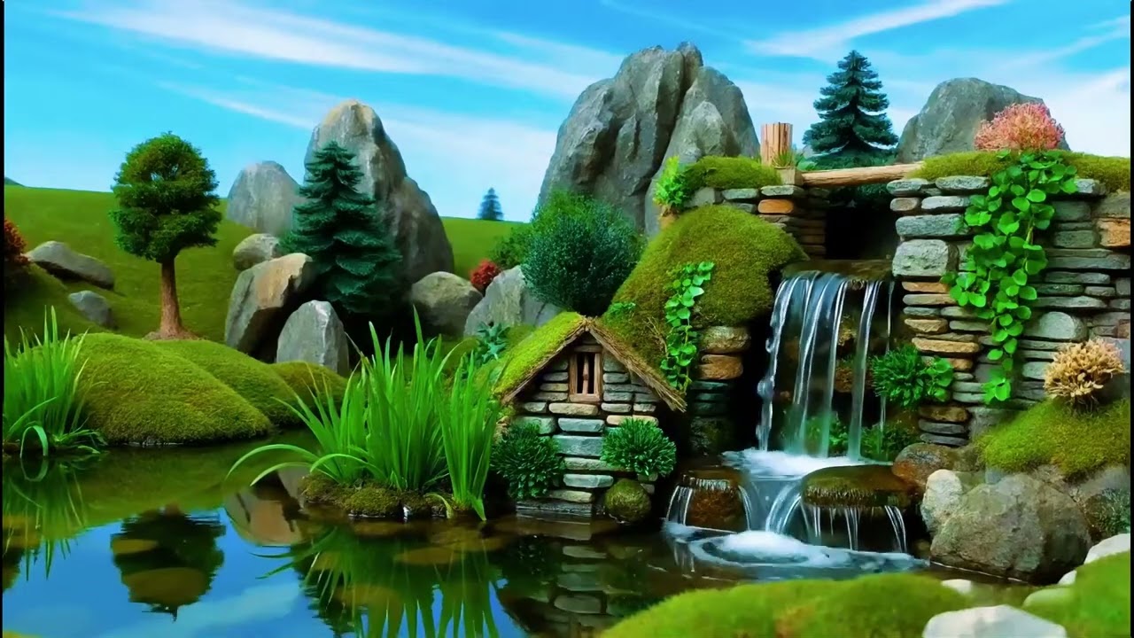 🍃 Fantasy Valley Waterfall & Cozy Stone Cabin 💧 | Relaxing Nature Sounds with Soft Music