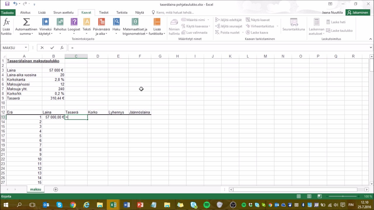 Excel 2016: tasaerä- eli annuiteettilaina