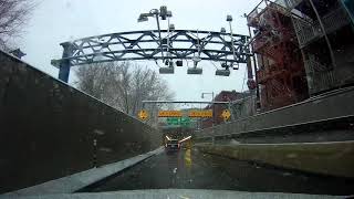 Snowy drive from Boston Logan International Airport to the North End of Boston, Massachusetts