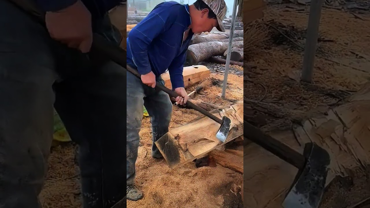 Master Carpenter in Action! 🔥 Watch as an Axe Transforms Raw Logs into Perfect Wooden Strips! 😱