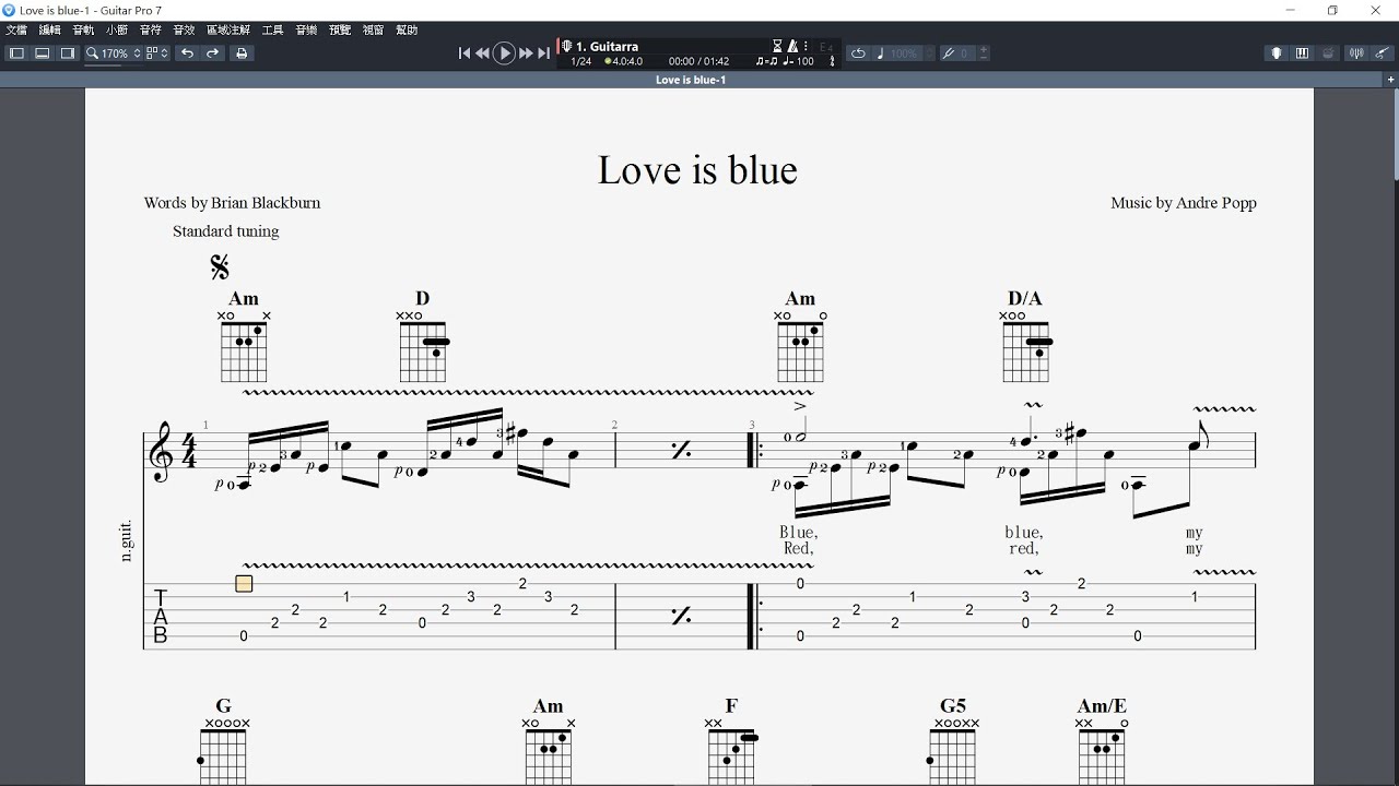 吉他譜_Love is blue Guitar Pro 7 YouTube