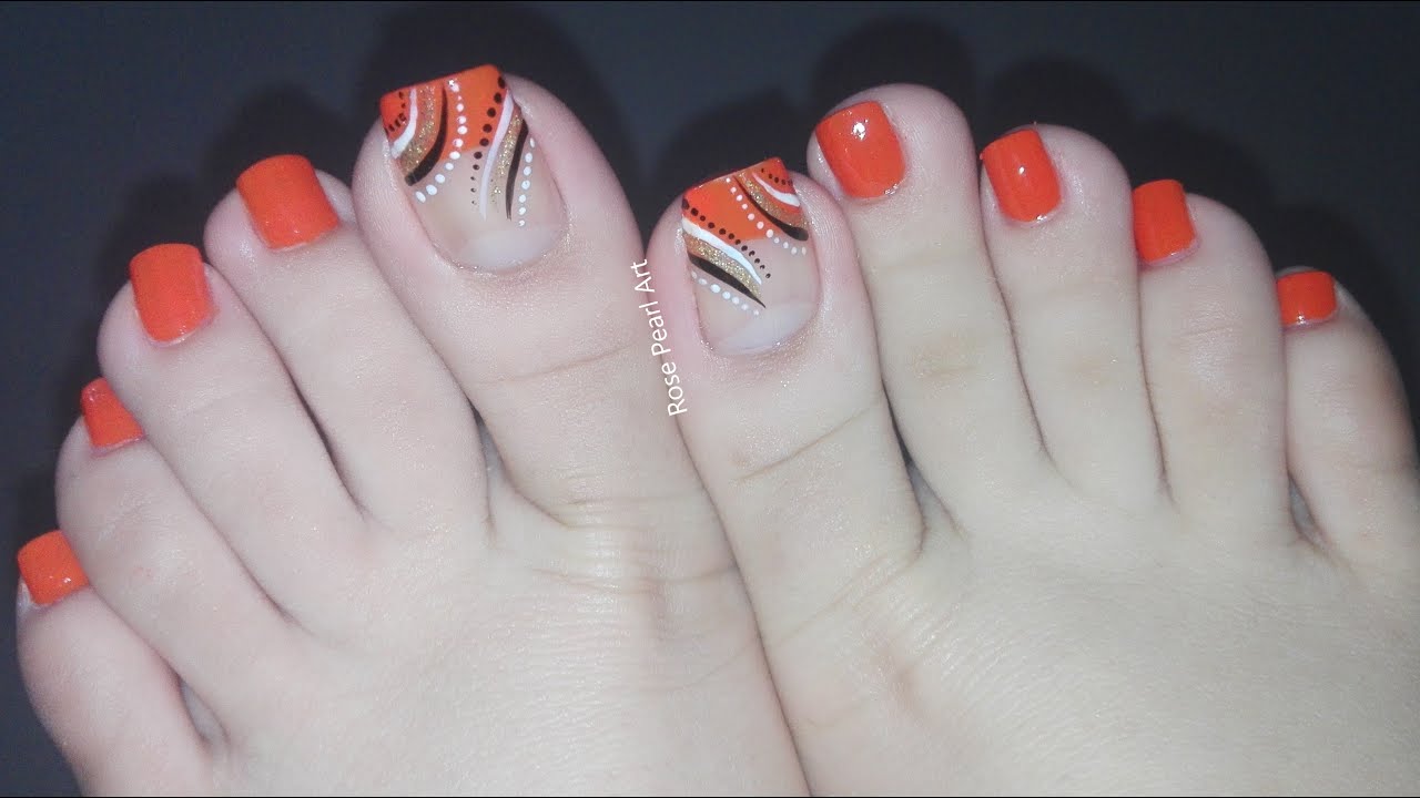 Orange French Pedicure Nail Art- Abstract Nail Art- Easy DIY Toe Nail Art Tutorial | Rose Pearl