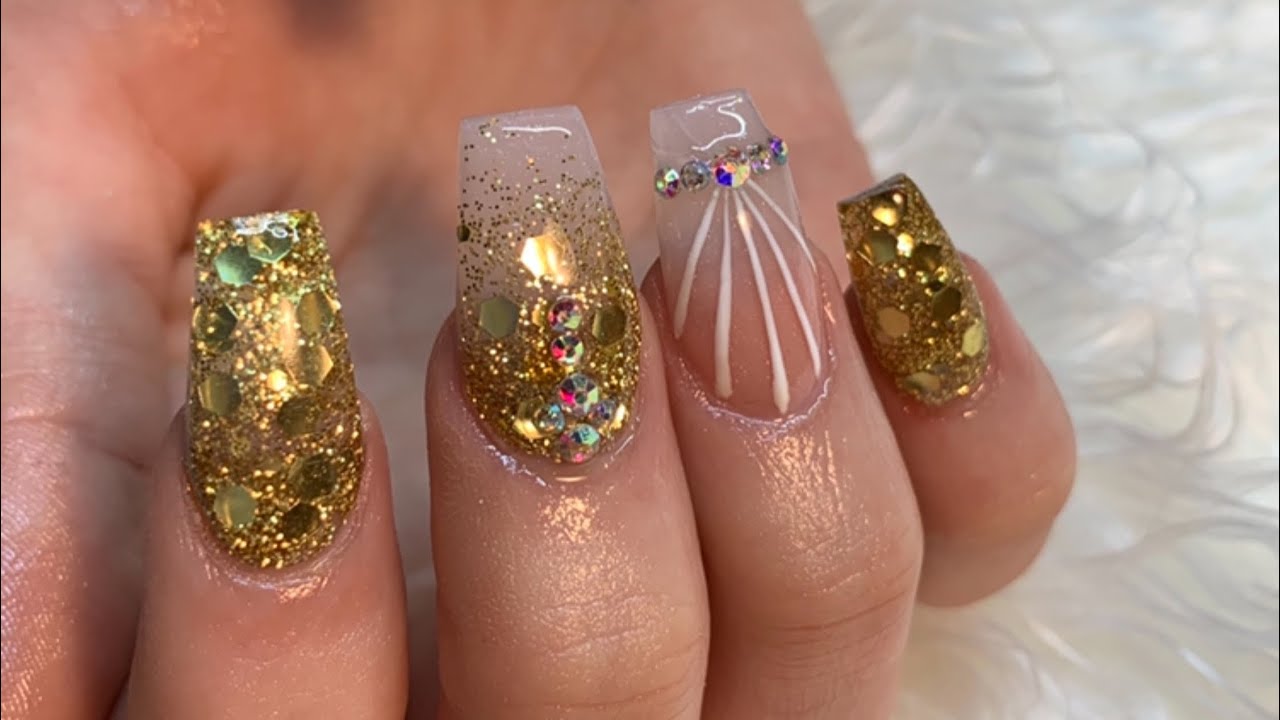 Acrylic Nail Full Set -Gold and Pink - YouTube