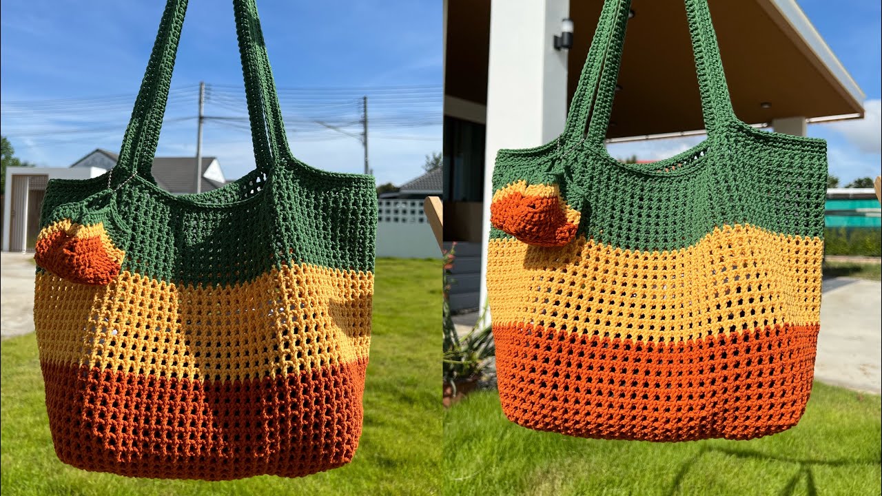 ถักก้นกระเป๋าลายตาข่าย #นักถักมือซ้าย #เชือกฟอกนิ่ม #กระเป๋าถัก 