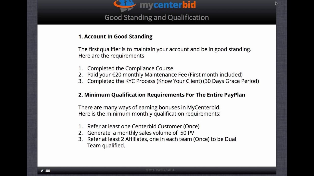 MyCenterBid Minimum Monthly Qualifications
