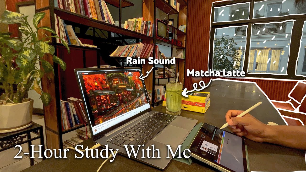 2-Hour Study With Me | Cozy Book Café Shop Rainy Day | Rain Sound for ...