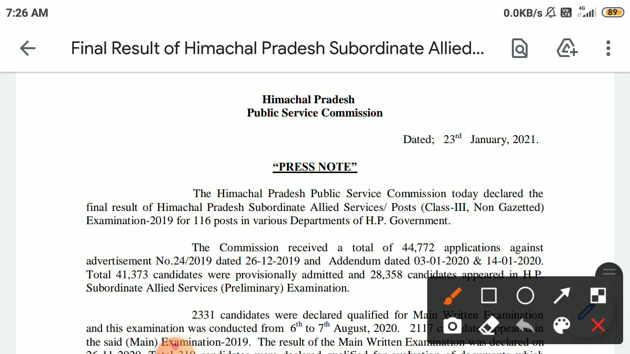 Final Result of Himachal Pradesh Subordinate Allied Services Examination-2019