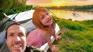 CAMPiNG at the LAKE!! First Time Tent with Adley at PiRATE iSLAND! swimming, mermaid, camp routine!