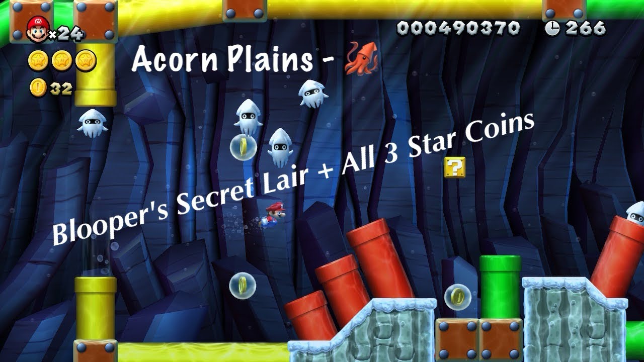 (New Super Mario Bros. U Deluxe)(Acorn Plains Secret level) Walkthrough of Bloopers Secret Lair 100%