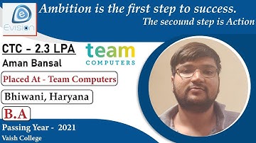Congrats, Aman Bansal | Selected in Team Computers | 2.3 LPA | B.A., Passing 2021 | Bhiwani, Haryana