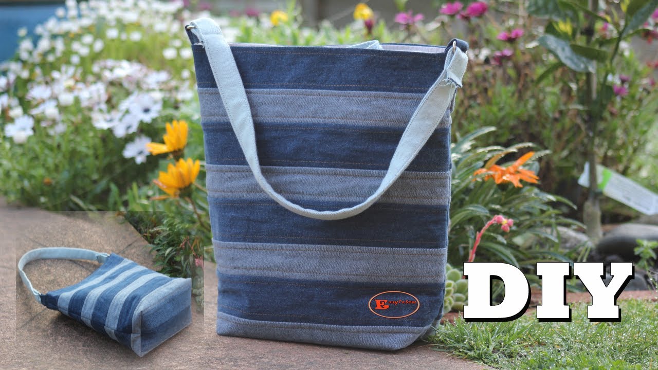 How to sew a denim stripe tote bag from old jeans, sewing easy tote bag ...