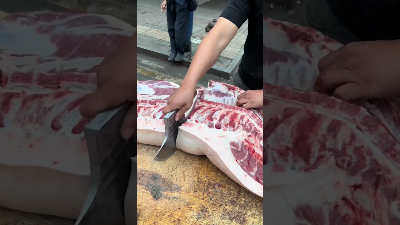 Butcher's mastery with the axe. See how the meat is being cut 