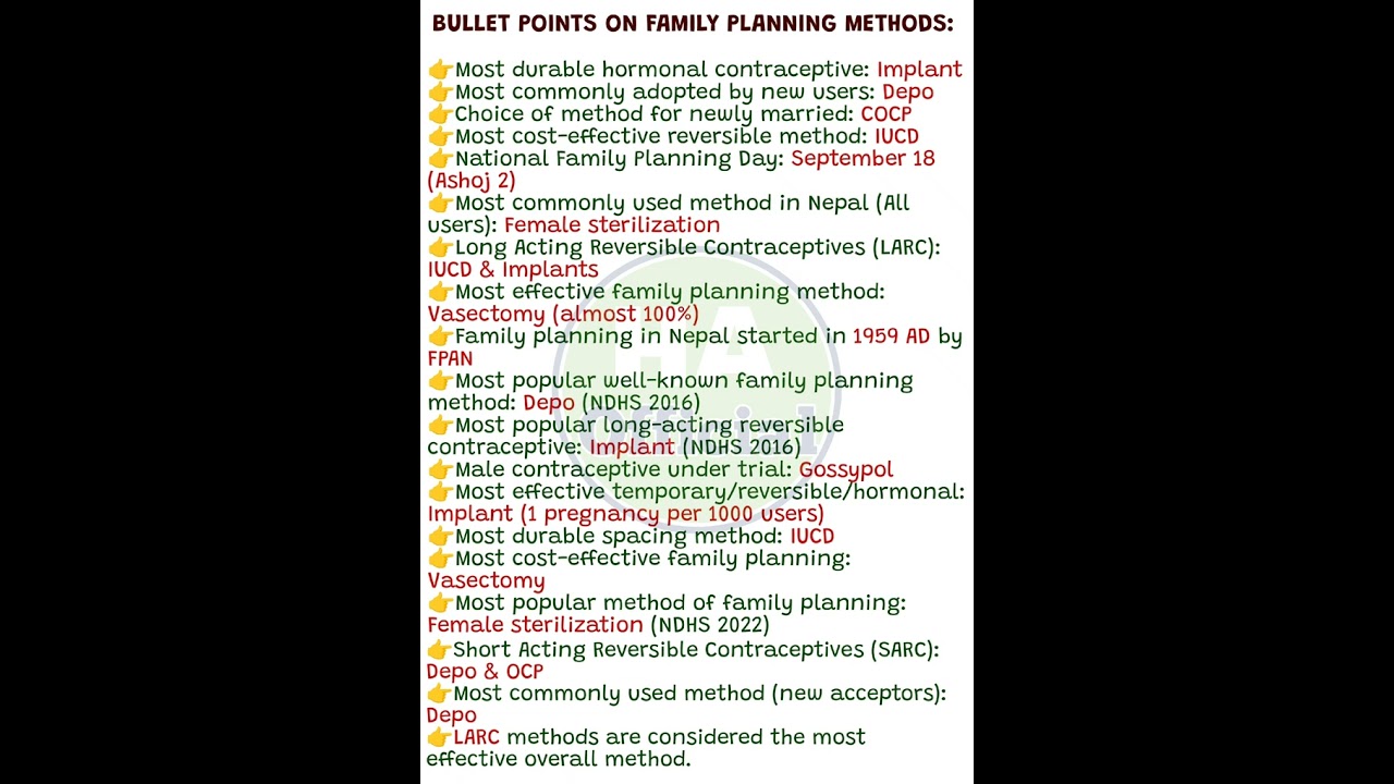 🔥🌸BULLET POINTS ON FAMILY PLANNING METHODS!✅