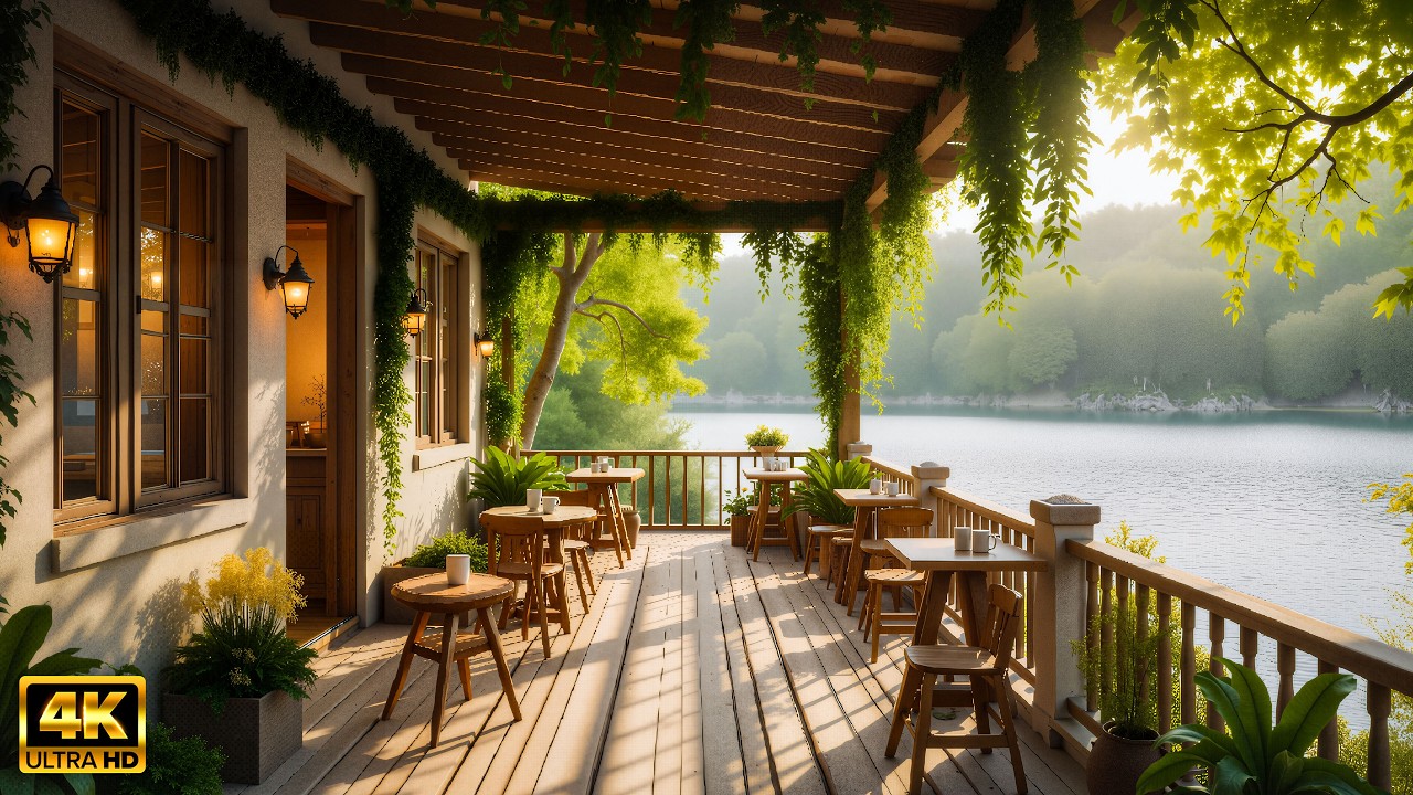 Уютная атмосфера кафе на берегу озера ☕ Расслабляющая фортепианная музыка и звуки природы