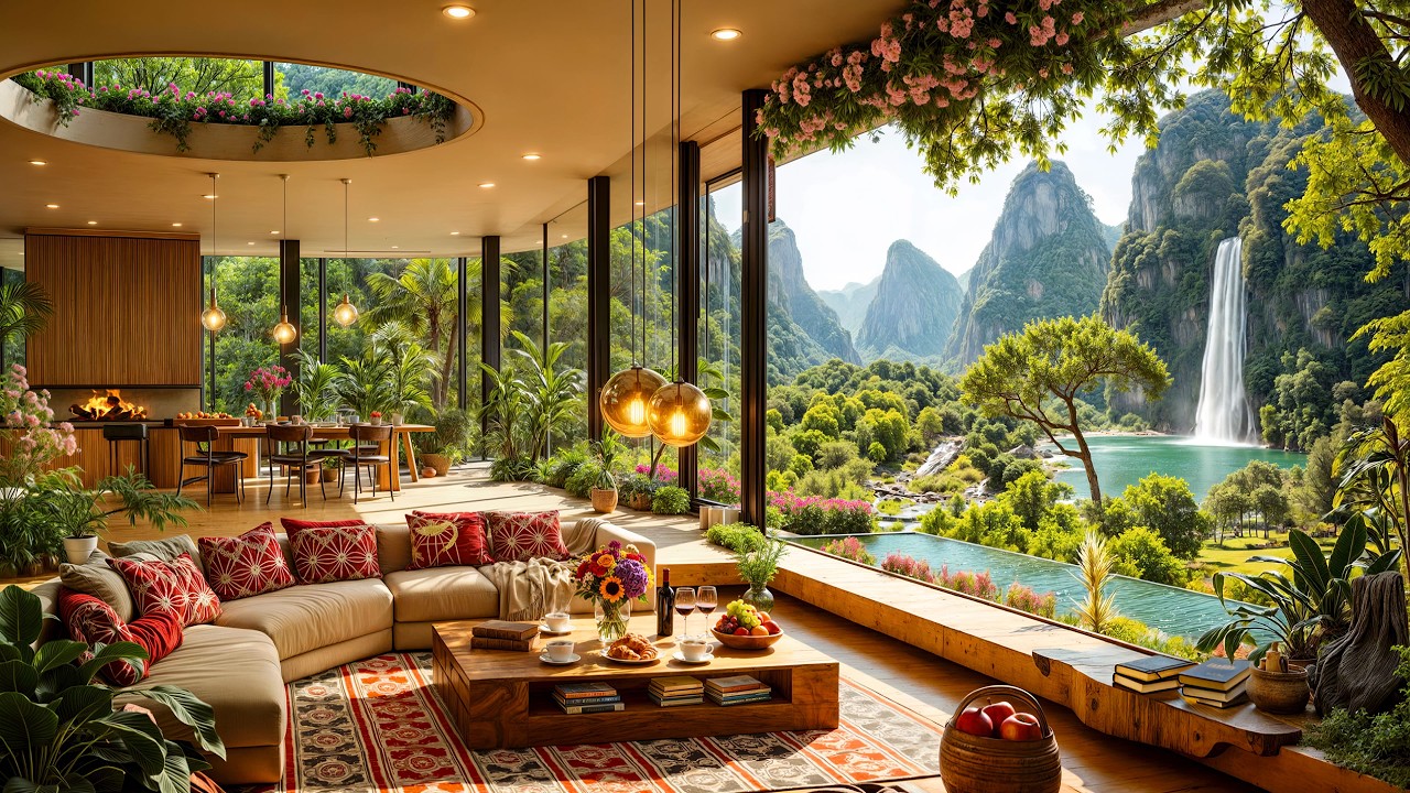 Tranquil Spring Morning Jazz by the Waterfall | Luxury Living Room Jazz Ambience for Work, Study