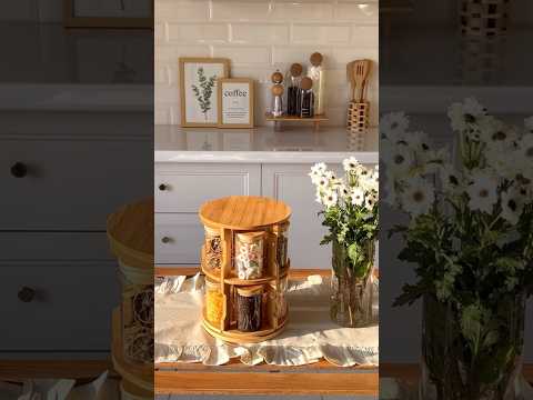سيت توابل دوار خشب بامبو علب زجاج مطبخ أنيق سيت توابل ستاند بامبو مطبخ مرتب علب زجاج منظمات