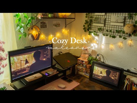 Desk makeover: soft pastel pink accessories 🌸 cozy setup + organizing and decorating 🪴