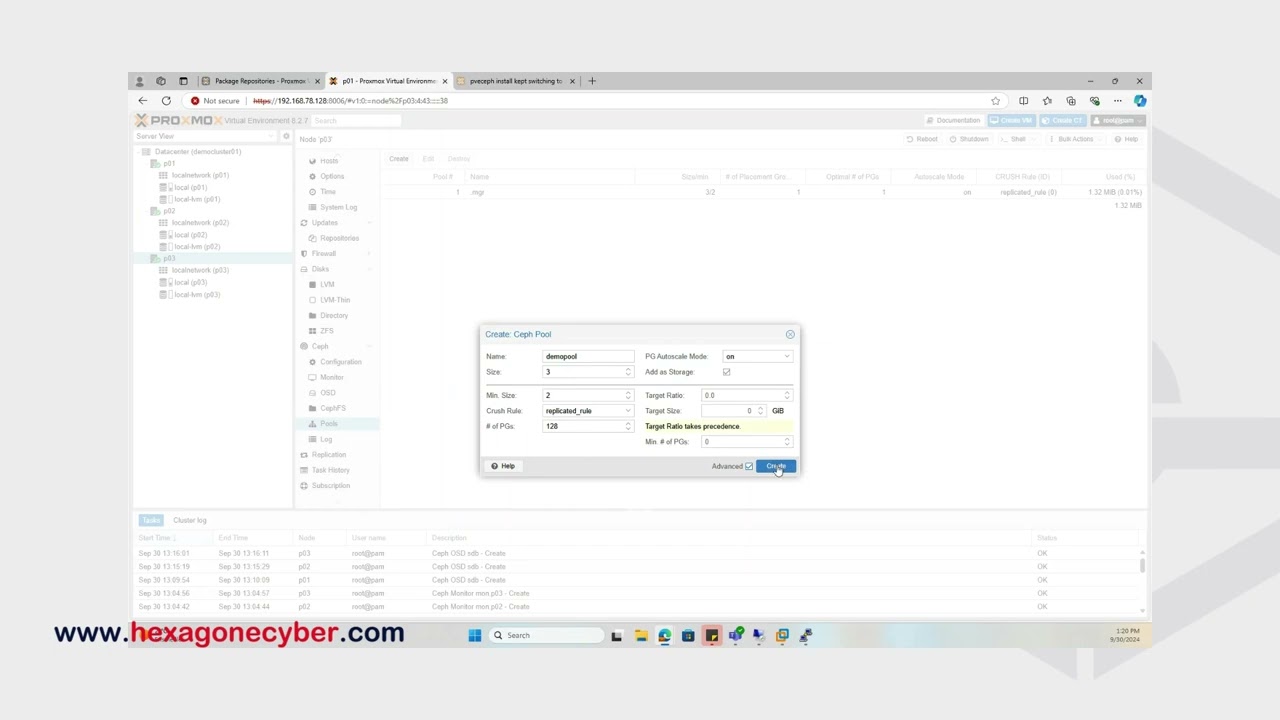 Creation du stockage en pool pour le nœud du cluster
