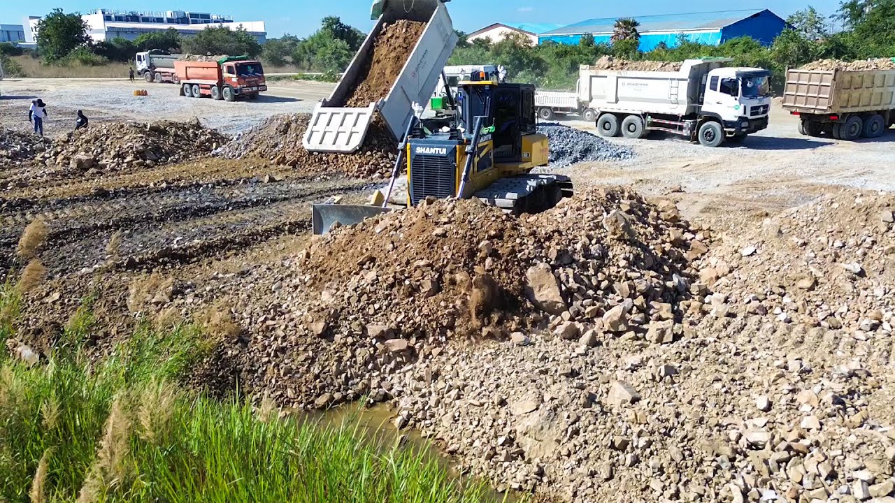 Great Work! Process Soil Building Making Road DOZER DH17C3 and Dump Truck Unloading Stones