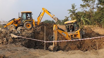 Two JCB Backhoe Loader Working Together For Bridge Foundation Construction - JCB Backhoe Video 3