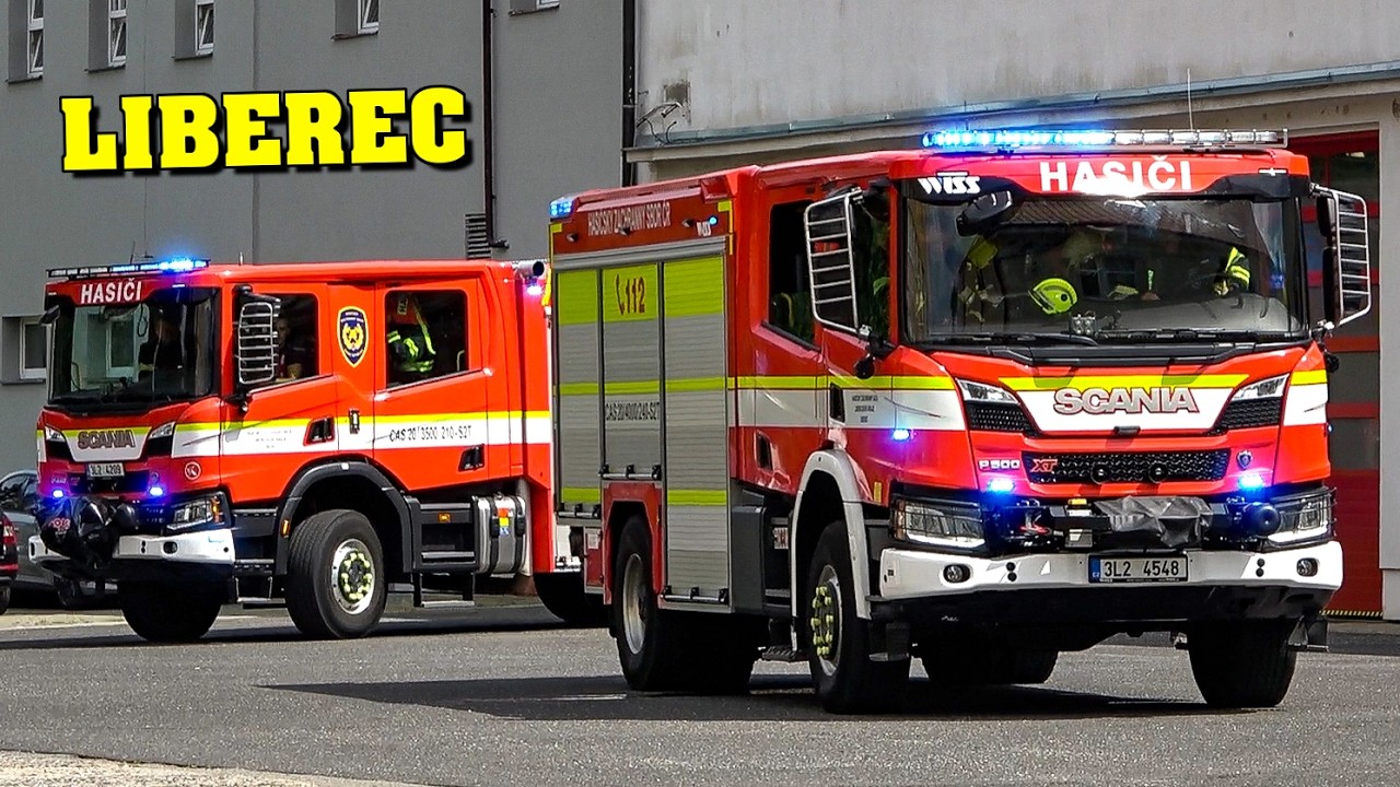*CZECHIA* [LIBEREC Fire Department] – Fire Engines, Aerial Ladder & Pick Up Truck responding code 3!
