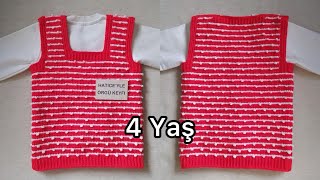 Nadide Çocuk Süveter Yapımı 4 Yaş Tunus İşi Tek Şiş Kolay Basit Kare Yakalı Örgü Bebek Yelek Tarifi