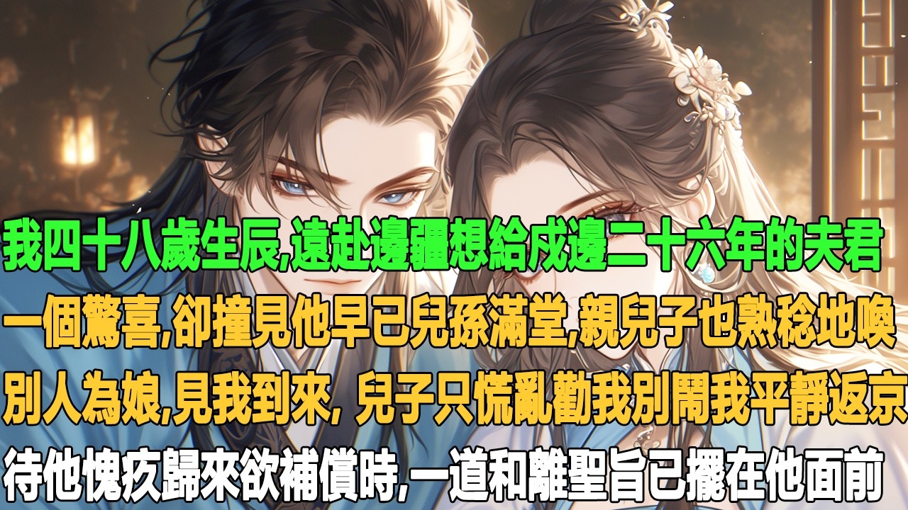我四十八歲生辰,遠赴连疆想给成遗盖十六年的夫君一個驚喜,卻撞見他早己兒孫滿堂,親兒子也熟称地唤別人娘,見我到来,克子只慌亂勸我別闹我平靜返宗待他愧疚歸來欲補償時,一道和離聖旨己擺在他面前。