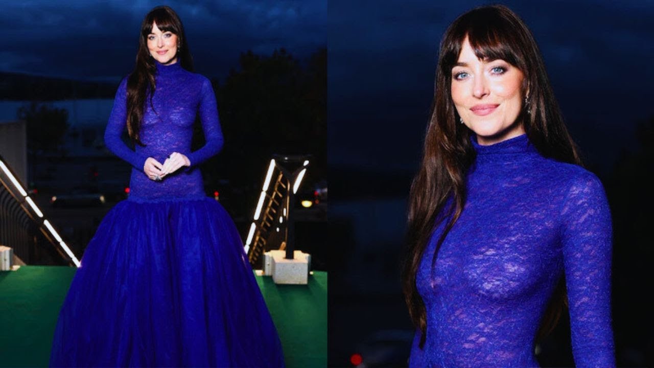 dakota johnson in blue dress Dakota Johnson Wears a Blue Sheer Gucci Gown