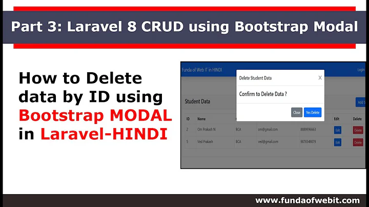 Laravel CRUD Bootstrap MODAL-3: Confirm & delete data using bootstrap modal in laravel 8 HINDI