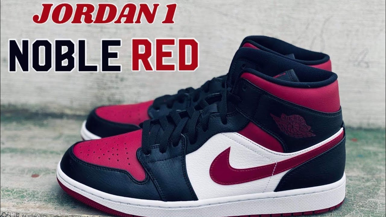 air jordan 1 mid noble red on feet