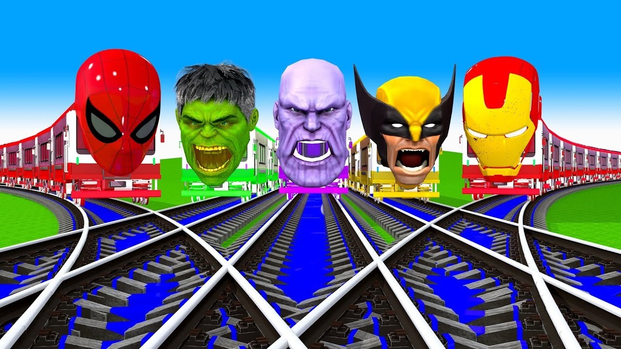 踏切アニメ スーパーヒーロー電車 TRAIN 🚦 Spider-Man Thanos Hulk Iron Man Fumikiri 3D Railroad Crossing #train #27
