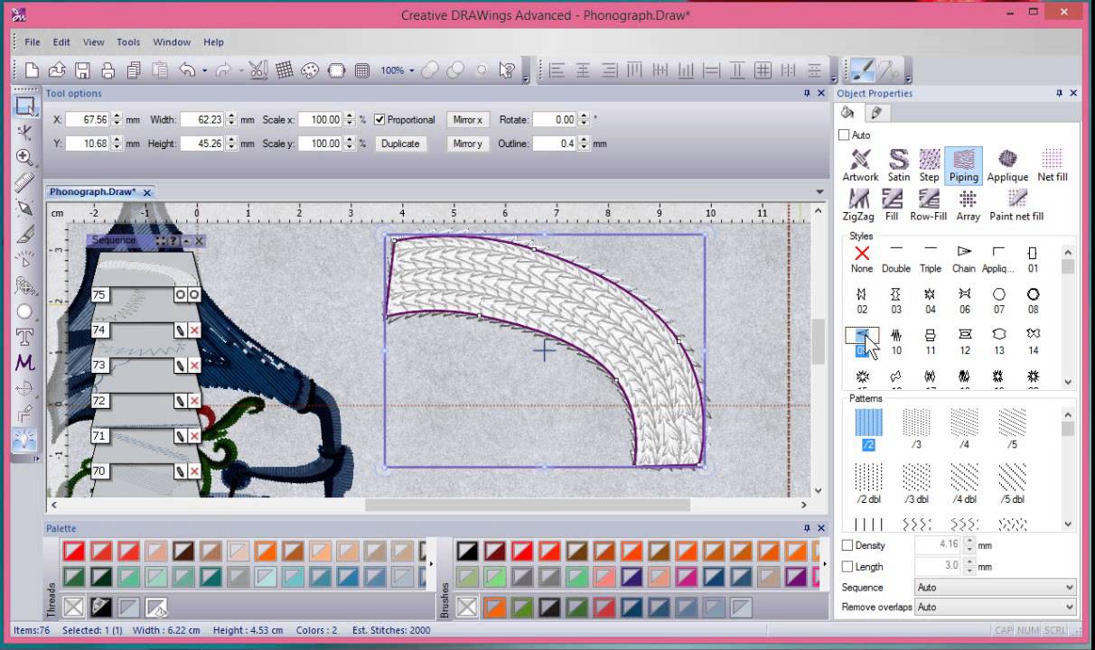 How to create a Satin Step Piping Fill in Artistic Software Version 7.1.