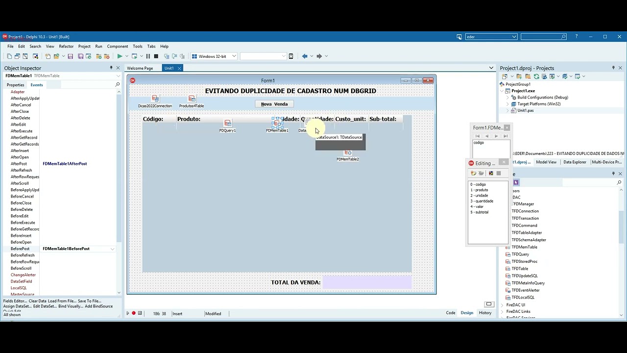 EVITANDO DUPLICIDADEDE DADOS NUM DBGRID DE VENDAS - DELPHI 10.3 - YouTube