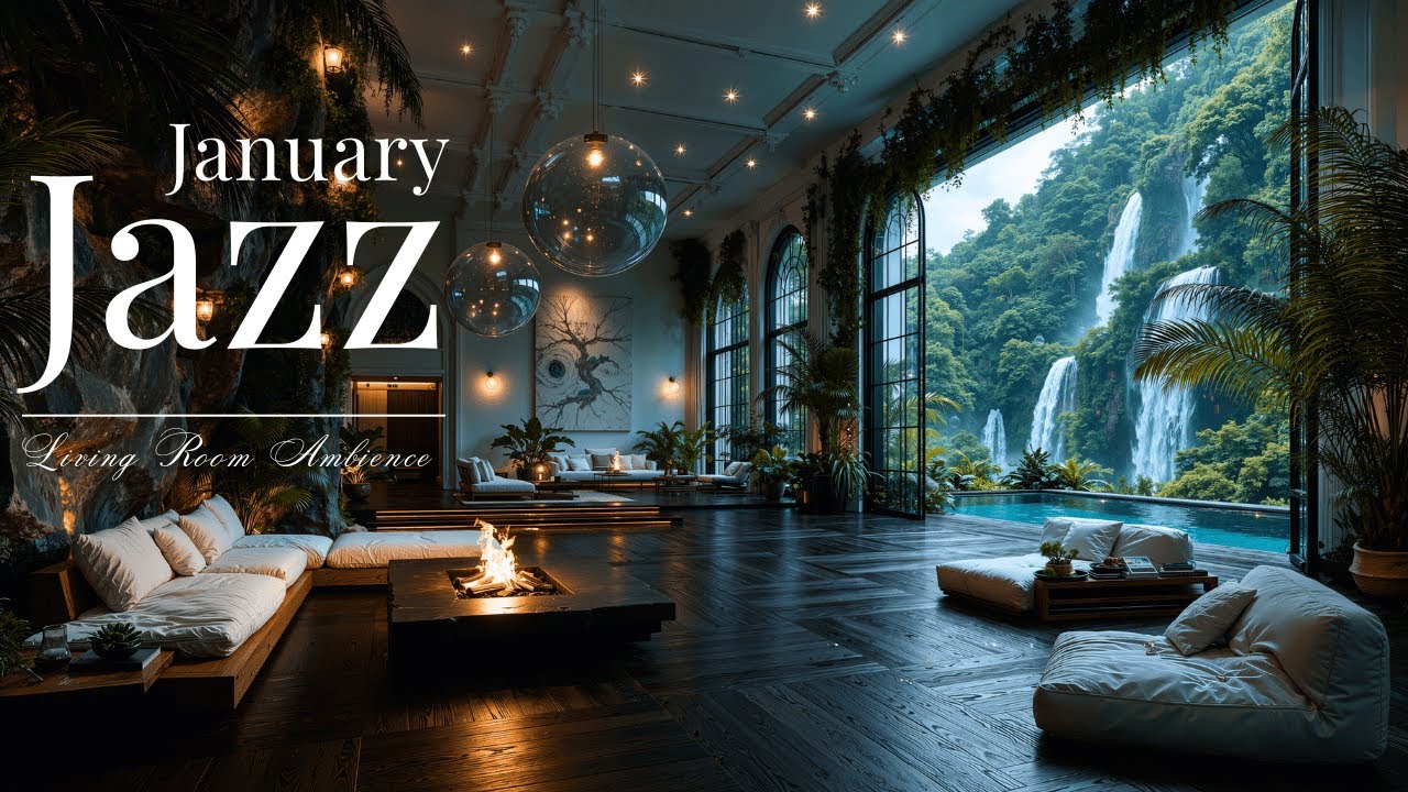 Спокойная Гостиная В Помещении С Джазовой Музыкой | Январь. Джазовая Атмосфера И Камин Для Умирот...